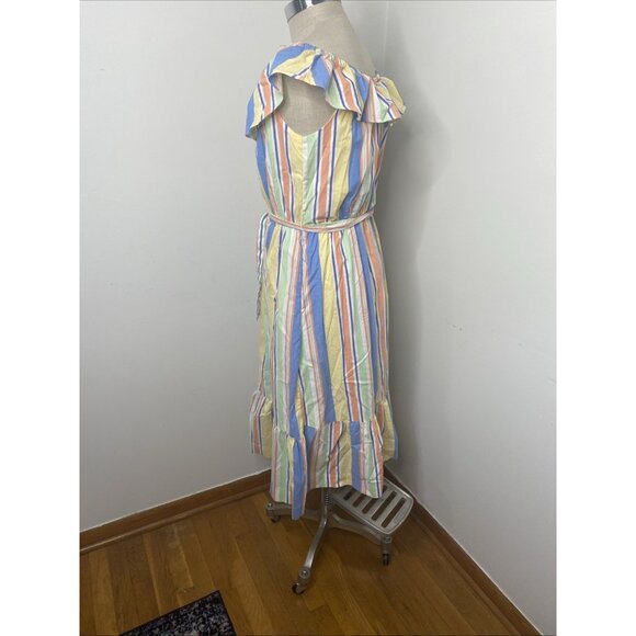 Draper James Rainbow Striped Maxi Dress L Ruffle Tie Waist Off The Shoulder - Picture 8 of 10